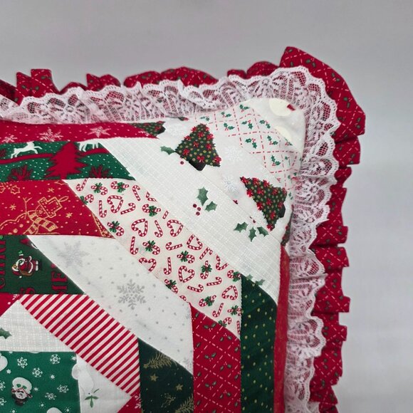 Handmade Christmas Patchwork Quilted Christmas Throw Pillow With Lace Ruffle - Picture 5 of 11